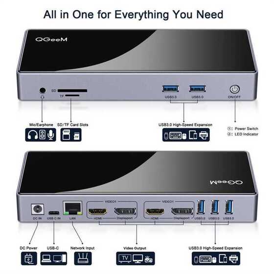 Qgeem QG-D6902 All in One Çoğaltıcı Type-C Hub Docking Station 4K-5K Displayport HDMI Destekli