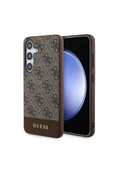 Galaxy S24 Uyumlu Kılıf Guess Lisanslı PU Deri Şerit Logo Dizaynlı Kapak Kahverengi