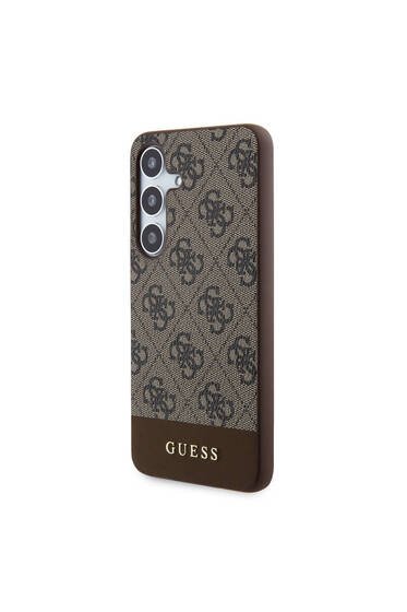 Galaxy S24 Uyumlu Kılıf Guess Lisanslı PU Deri Şerit Logo Dizaynlı Kapak Kahverengi