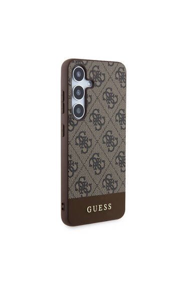 Galaxy S24 Uyumlu Kılıf Guess Lisanslı PU Deri Şerit Logo Dizaynlı Kapak Kahverengi