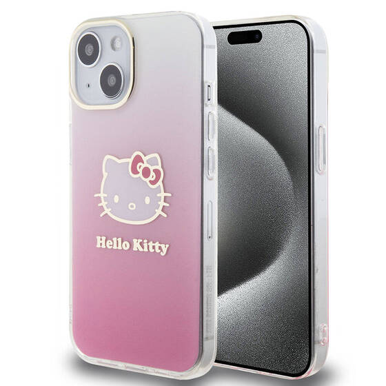 iPhone 15 Kılıf Hello Kitty Orjinal Lisans Yazı ve İkonik Logo Elektroplating Kaplama Gradyan Pembe