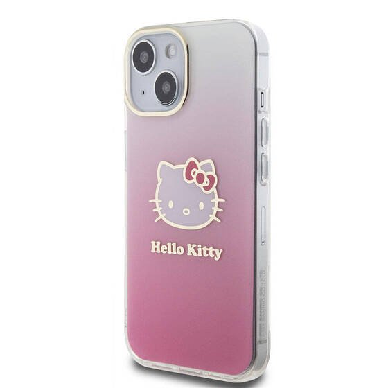 iPhone 15 Kılıf Hello Kitty Orjinal Lisans Yazı ve İkonik Logo Elektroplating Kaplama Gradyan Pembe