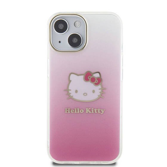 iPhone 15 Kılıf Hello Kitty Orjinal Lisans Yazı ve İkonik Logo Elektroplating Kaplama Gradyan Pembe