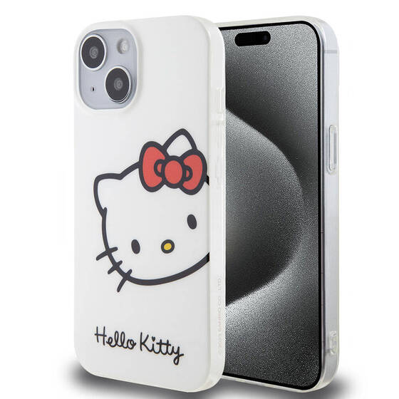 iPhone 15 Kılıf Hello Kitty Orjinal Lisanslı Yazı ve İkonik Logolu Kitty Head Kapak Beyaz