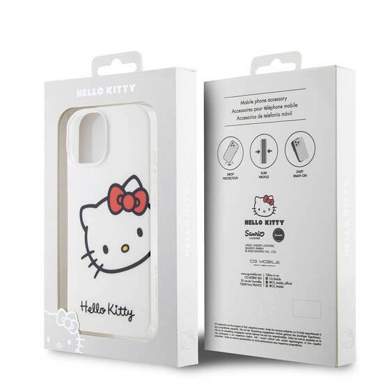 iPhone 15 Kılıf Hello Kitty Orjinal Lisanslı Yazı ve İkonik Logolu Kitty Head Kapak Beyaz