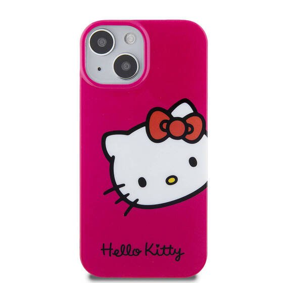 iPhone 15 Kılıf Hello Kitty Orjinal Lisanslı Yazı ve İkonik Logolu Kitty Head Kapak Pembe