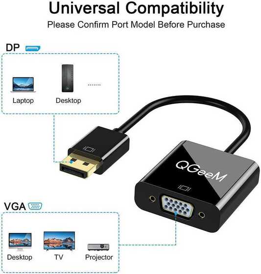 Qgeem QG-HD25 VGA To Display Port Dönüştürücü Adaptör 1080p Full HD 60Hz Görüntü Aktarım