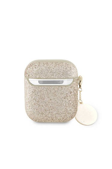 Airpods Uyumlu Kılıf Guess  Lisanslı Glitter Elmas Kalp Süs Zincirli Gold