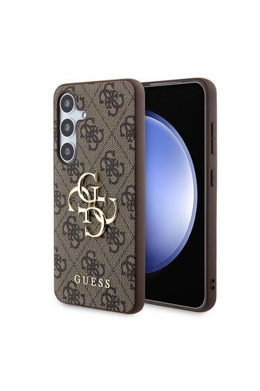 Galaxy S24 Plus Uyumlu Kılıf Guess Lisanslı PU Deri Yazı ve 4G Metal Logolu Desenli Kapak Kahverengi