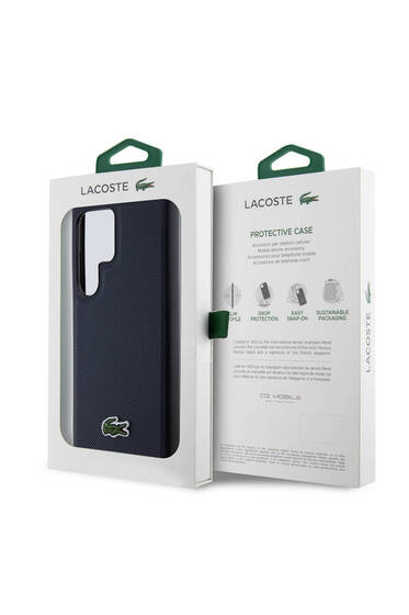 Galaxy S24 Ultra Uyumlu Kılıf Lacoste Lisanslı PU Pike Desenli İkonik Timsah Dokuma Logolu Lacivert