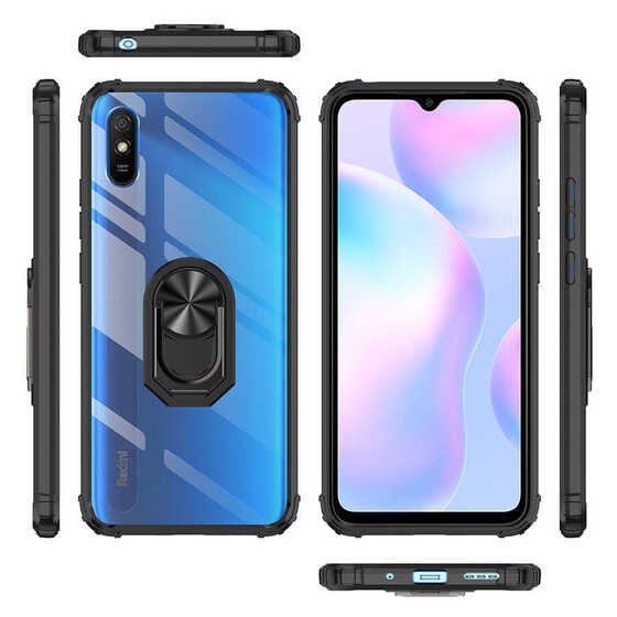 Xiaomi Redmi 9A Kılıf Şeffaf Kenarları Renkli Manyetik Yüzüklü Zırh Silikon