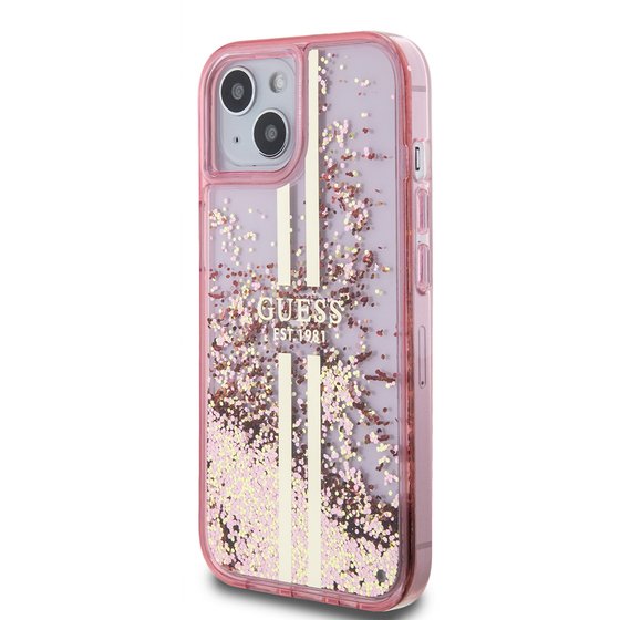Apple iPhone 15 Kılıf Guess Orjinal Lisanslı Transparan Sıvılı Simli Altın Çizgili Kapak