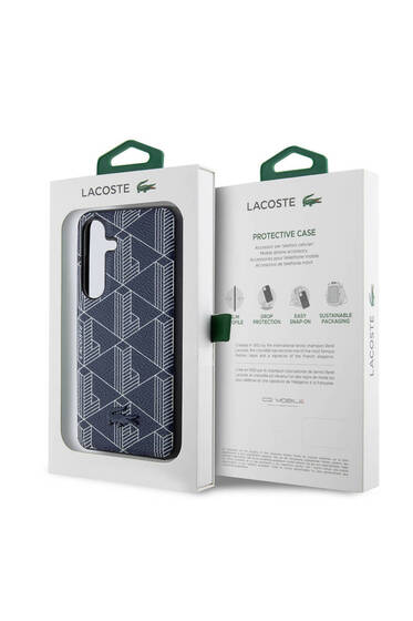 Galaxy S24 Kılıf Lacoste Lisanslı Magsafe Özellikli PU Deri Görünümlü Monogram Desenli Lacivert