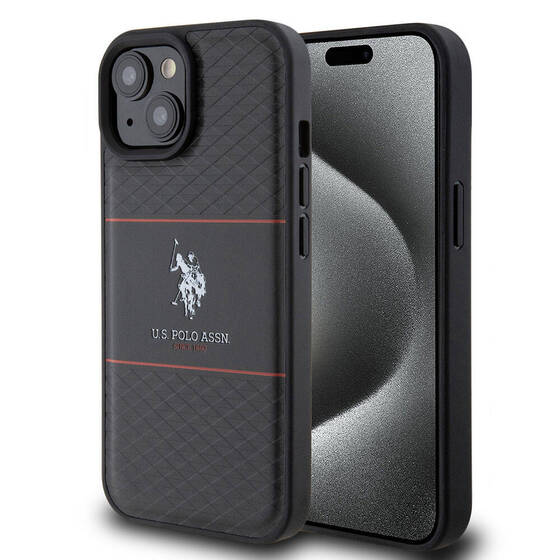 iPhone 15 Plus Kılıf U.S. Polo Assn. Orjinal Lisanslı Deri Şeritli Logo Dizayn Kapak Siyah