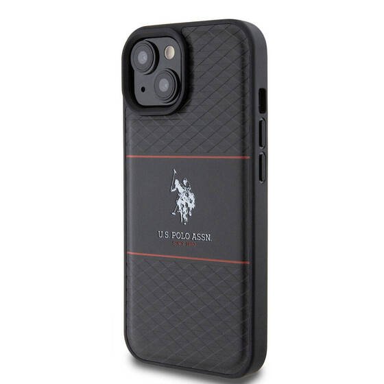 iPhone 15 Plus Kılıf U.S. Polo Assn. Orjinal Lisanslı Deri Şeritli Logo Dizayn Kapak Siyah