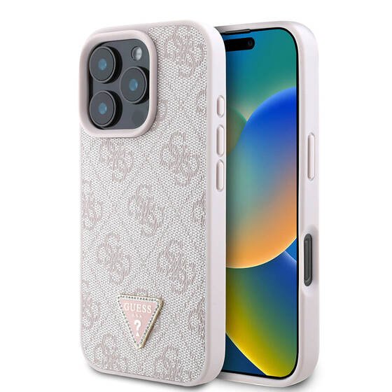 Apple iPhone 16 Pro Max Kılıf Guess Orjinal Lisanslı M-safe Şarj Özellikli PU Deri 4G Desenli Taşlı Üçgen Logolu Kapak