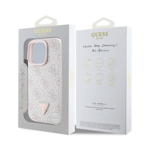 Apple iPhone 16 Pro Max Kılıf Guess Orjinal Lisanslı M-safe Şarj Özellikli PU Deri 4G Desenli Taşlı Üçgen Logolu Kapak