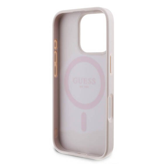 Apple iPhone 16 Pro Max Kılıf Guess Orjinal Lisanslı M-safe Şarj Özellikli PU Deri 4G Desenli Taşlı Üçgen Logolu Kapak
