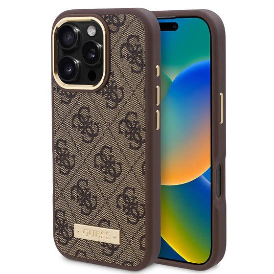 Apple iPhone 16 Pro Max Kılıf Guess Orjinal Lisanslı M-safe Şarj Özellikli 4G Desenli PU Metal Plaka Klasik Logolu Kapak