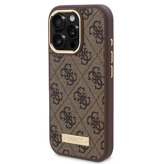 Apple iPhone 16 Pro Max Kılıf Guess Orjinal Lisanslı M-safe Şarj Özellikli 4G Desenli PU Metal Plaka Klasik Logolu Kapak