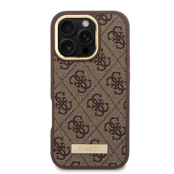Apple iPhone 16 Pro Max Kılıf Guess Orjinal Lisanslı M-safe Şarj Özellikli 4G Desenli PU Metal Plaka Klasik Logolu Kapak