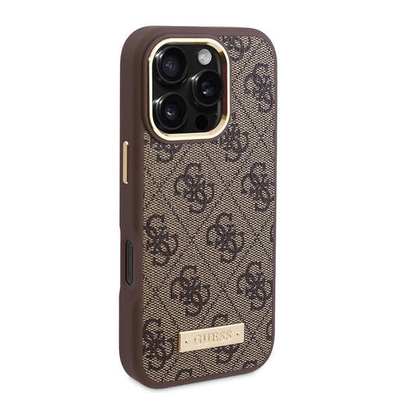 Apple iPhone 16 Pro Max Kılıf Guess Orjinal Lisanslı M-safe Şarj Özellikli 4G Desenli PU Metal Plaka Klasik Logolu Kapak