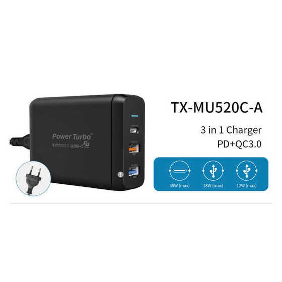 Wiwu PD Power Turbo TX-MU520C-A USB / PD Power Turbo Şarj Adaptörü QC 3.0 45W Yüksek Hızlı Şarj