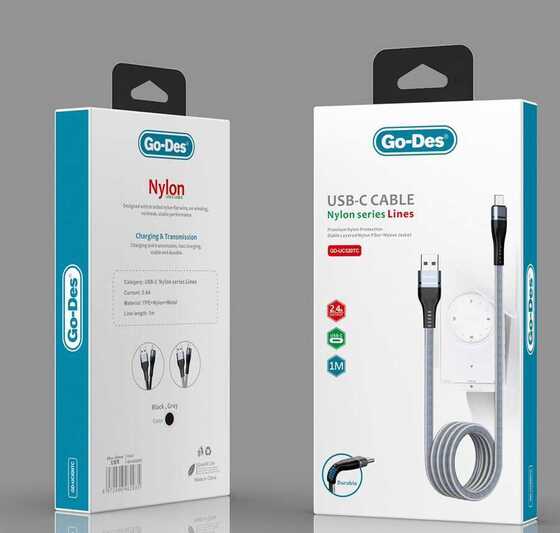 Go Des GD-UC520 Type - C USB Kablo 2.4A Şarj Kablosu 100 cm Data Kablo Naylon Örgü