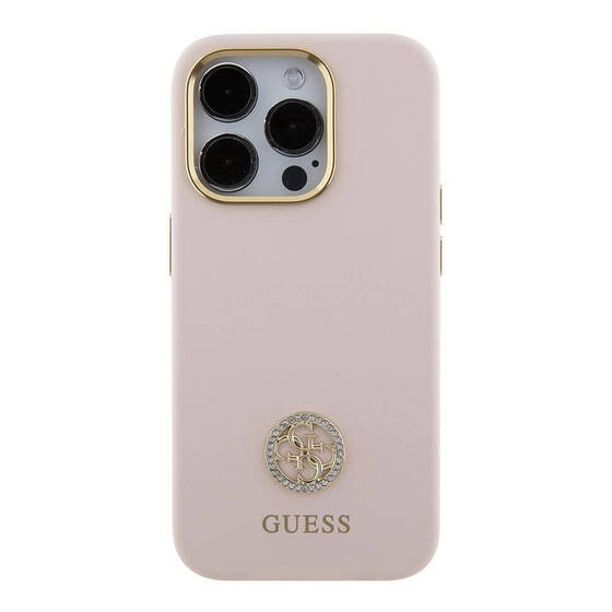 iPhone 15 Pro Kılıf Guess Orjinal Lisanslı Yazı ve Taşlı 4G Logolu Metal Kamera Çerçeveli Pembe