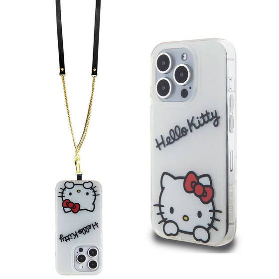 iPhone 15 Pro Kılıf Hello Kitty Orjinal Lisanslı Askılı Yazı ve İkonik Logolu Daydreaming Beyaz