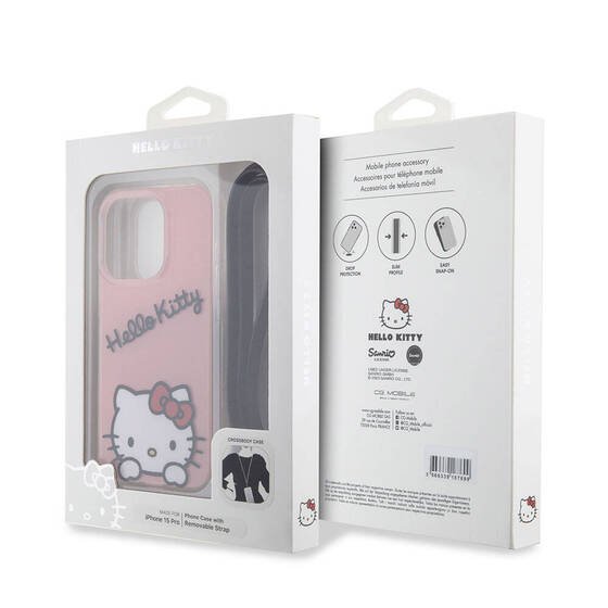 iPhone 15 Pro Kılıf Hello Kitty Orjinal Lisanslı Askılı Yazı ve İkonik Logolu Daydreaming Pembe