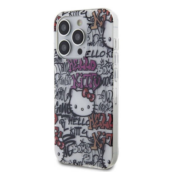 iPhone 15 Pro Kılıf Hello Kitty Orjinal Lisanslı İkonik Logolu Etiket Graffiti Kapak Beyaz