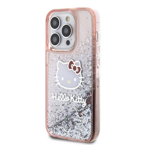 iPhone 15 Pro Kılıf Hello Kitty Orjinal Lisanslı İkonik Sıvılı Glitter Kapak Pembe