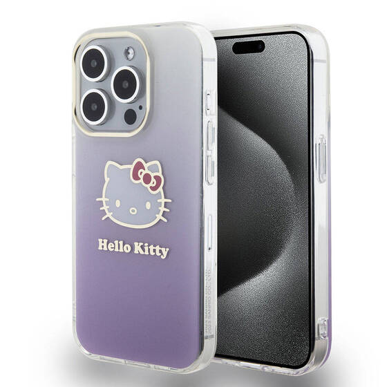 iPhone 15 Pro Kılıf Hello Kitty Orjinal Lisanslı Yazı ve İkonik Logolu Elektroplating Gradyan Mor