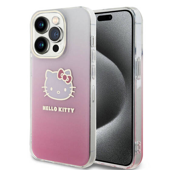 iPhone 15 Pro Kılıf Hello Kitty Orjinal Lisanslı Yazı ve İkonik Logolu Elektroplating Gradyan Pembe