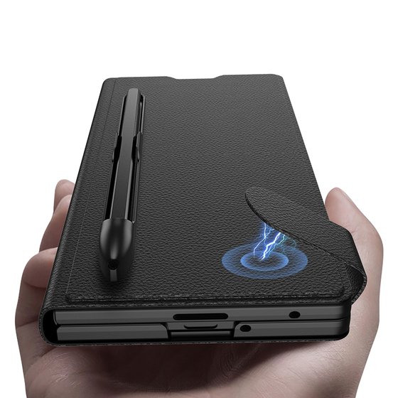 Galaxy Z Fold 7 Suni Deri Tasarımlı Kalem Bölmeli Kıpta Kartlıklı Standlı Kapak