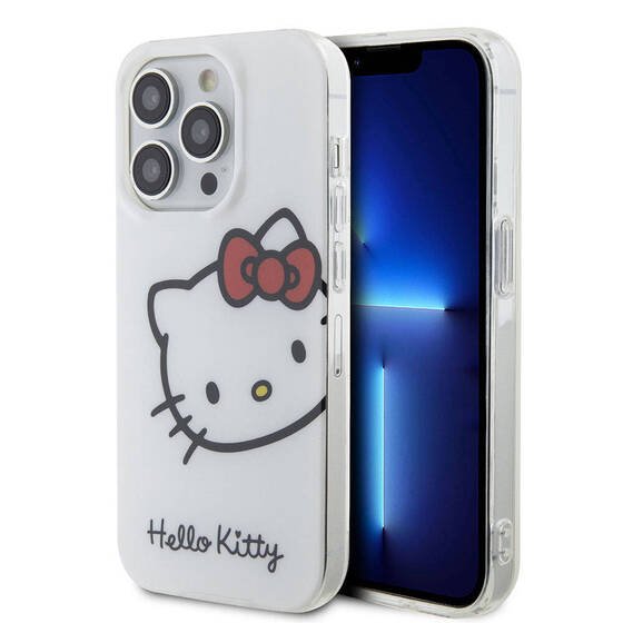 iPhone 15 Pro Kılıf Hello Kitty Orjinal Lisanslı Yazı ve İkonik Logolu Kitty Head Kapak Beyaz