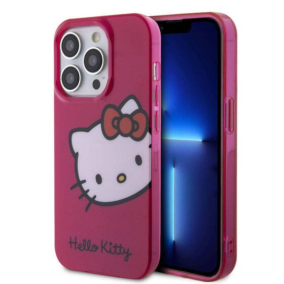 iPhone 15 Pro Kılıf Hello Kitty Orjinal Lisanslı Yazı ve İkonik Logolu Kitty Head Kapak Pembe