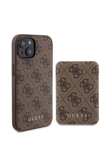 iPhone 15 Uyumlu Kılıf Guess Lisanslı Magsafe Özellikli Kapak + Powerbank 5000mAh Kahverengi