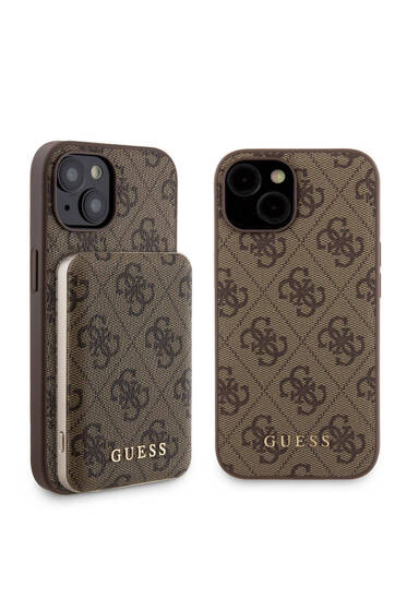 iPhone 15 Uyumlu Kılıf Guess Lisanslı Magsafe Özellikli Kapak + Powerbank 5000mAh Kahverengi