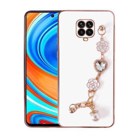 Xiaomi Redmi Note 9S Kılıf Kalpli Çiçekli Bileklik Zincirli Kamera Korumalı Kenarları Gold Renk Silikon