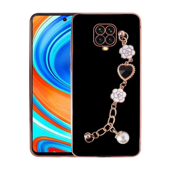 Xiaomi Redmi Note 9S Kılıf Kalpli Çiçekli Bileklik Zincirli Kamera Korumalı Kenarları Gold Renk Silikon