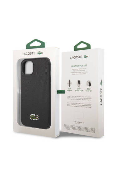 iPhone 14 Kılıf Lacoste Lisanslı PU Pike Desenli İkonik Timsah Dokuma Logo Siyah