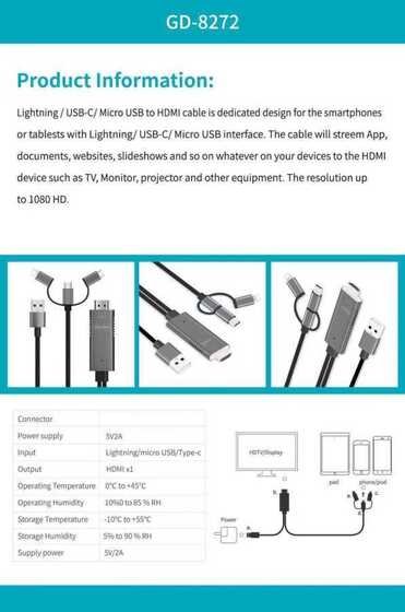 Go Des GD-8272 3 in 1 HDMI Erkek Kablo FHD 1080p (Type-C + Lightning + Micro ) 180 cm