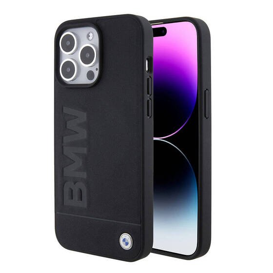 iPhone 15 Pro Max Case BMW Original Licensed Magsafe Şarj Özellikli Sıcak Damga Logolu Deri Siyah