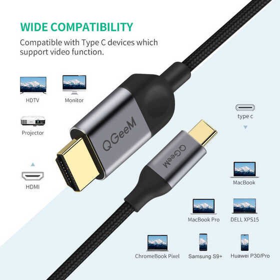 Qgeem QG-UA10 Type-C To HDMI Kablo 180 cm 4K 30Hz Görüntü Aktarım Kablosu Tak & Çalıştır