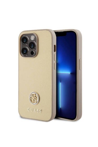 iPhone 15 Pro Uyumlu Kılıf Guess Lisanslı Deri 4G Metal Logo Strass Kapak Gold