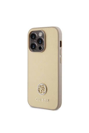 iPhone 15 Pro Uyumlu Kılıf Guess Lisanslı Deri 4G Metal Logo Strass Kapak Gold