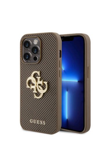 iPhone 15 Pro Max Uyumlu Kılıf Guess Orj Lisanslı Delikli 4G Glitter Büyük Metal Logolu Kahverengi