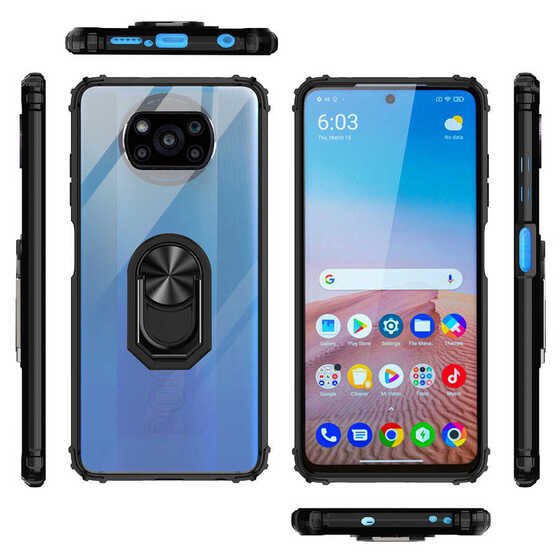 Xiaomi Poco X3 Kılıf Yüzüklü Standlı Manyetik Şeffaf Armor Zırh